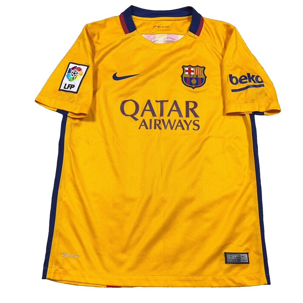NIKE Barcelona FC 2015/2016 Away Kit Soccer Jersey Youth Large Yellow Boys